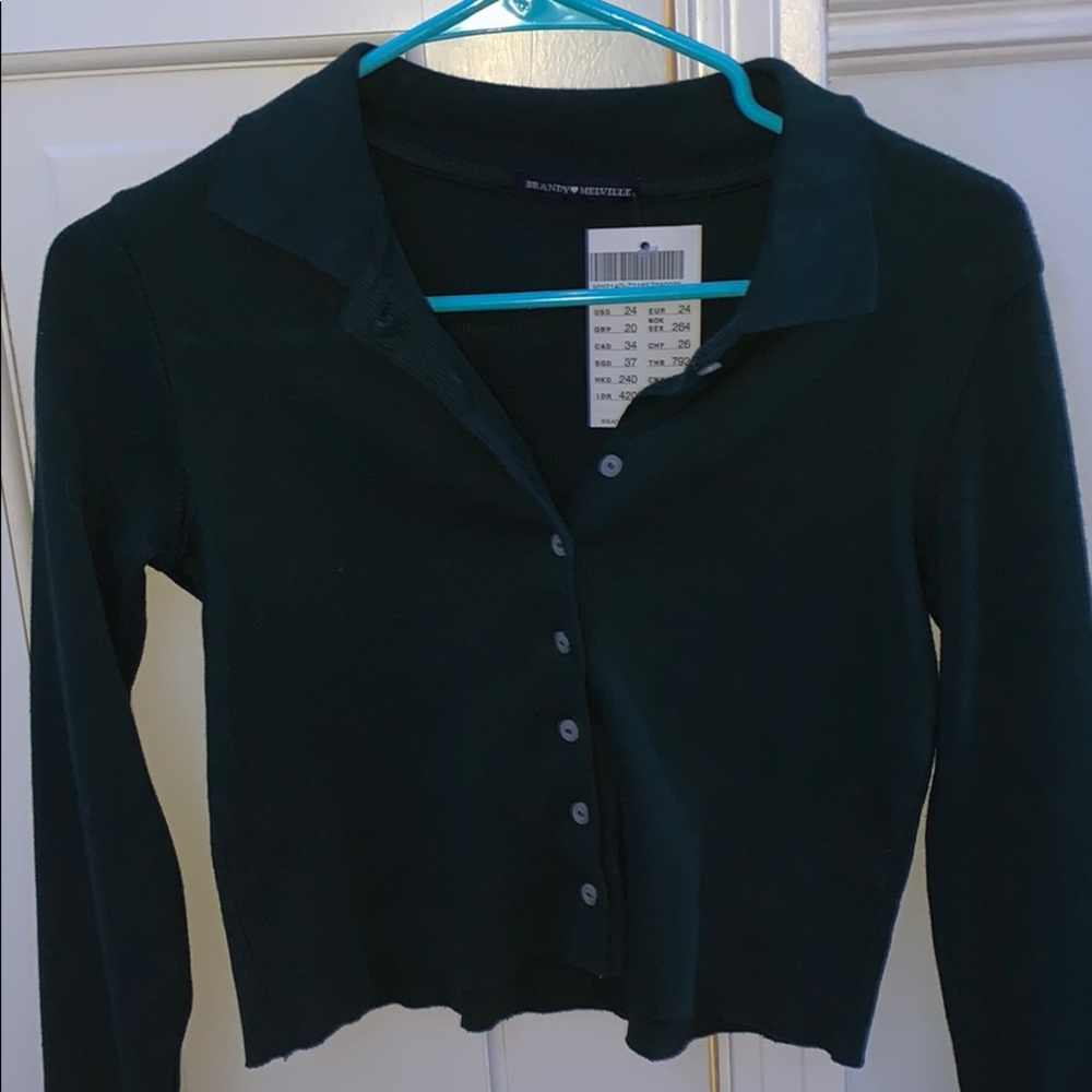 green long sleeve button up collared brandy shirt